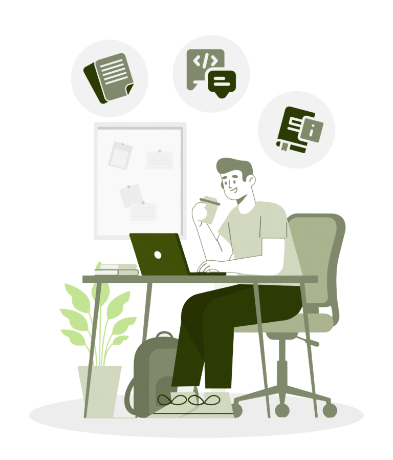 The illustration depicts a developer at a desk, typing commented code on a laptop surrounded by books, a plant, and a backpack, providing clear explanations to assist students with their programming homework.