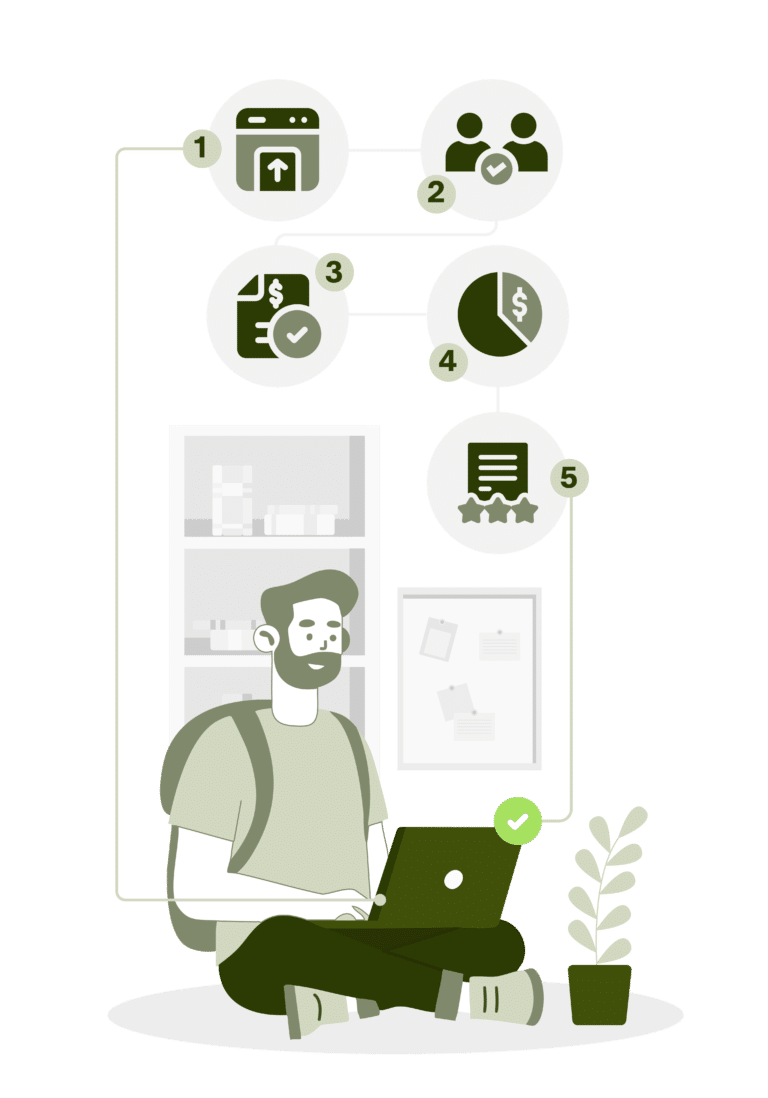 The illustration depicts a student studying, providing five steps on how MyCodingPal handles your programming homework.