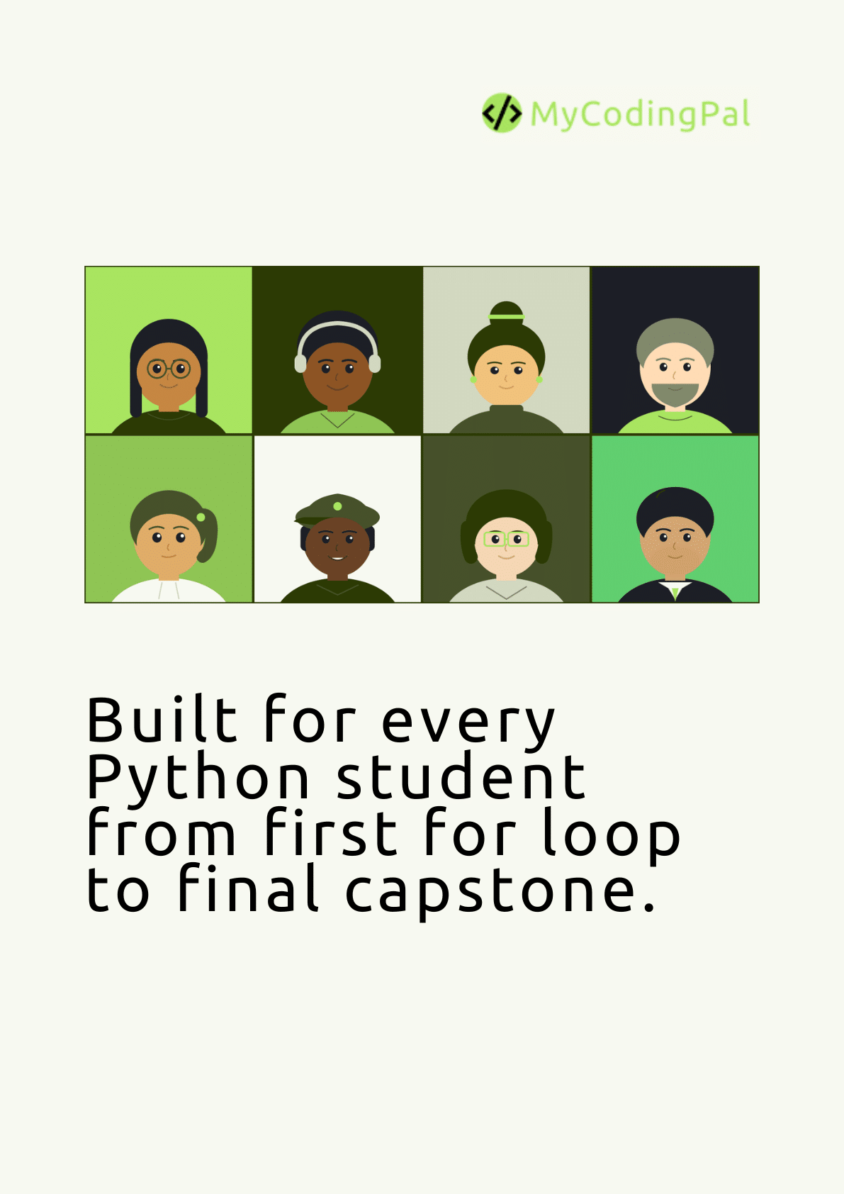 Illustration of 8 diverse students representing Python homework help at every course level, from beginners to advanced Django and TensorFlow capstone projects.