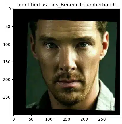 Matplotlib output from the notebook showing a held-out portrait labeled Identified as pins_Benedict Cumberbatch