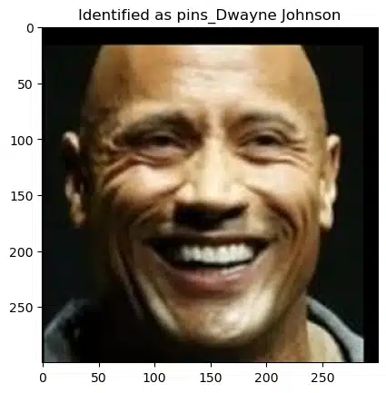 Matplotlib output from the notebook showing a held-out portrait labeled Identified as pins_Dwayne Johnson