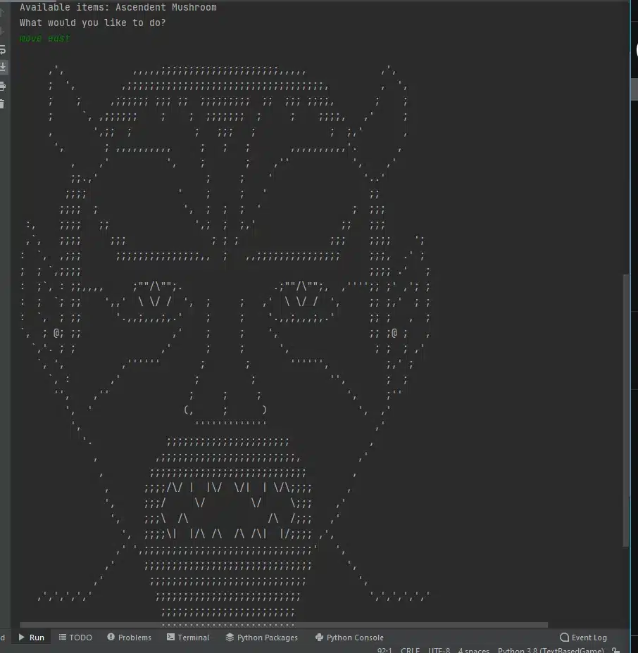 PyCharm terminal showing the Ascendent Mushroom in Dark Garden, a move east command and the Shadow Demon boss ASCII artwork