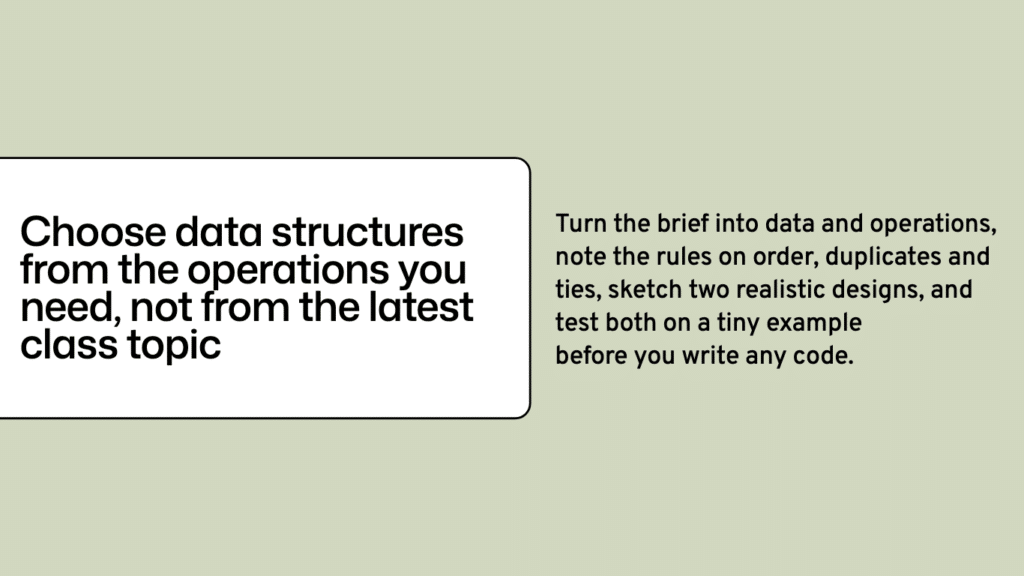 Choose data structures from the operations you need, not from the latest class topic. Choosing a data structure for a programming assignment.