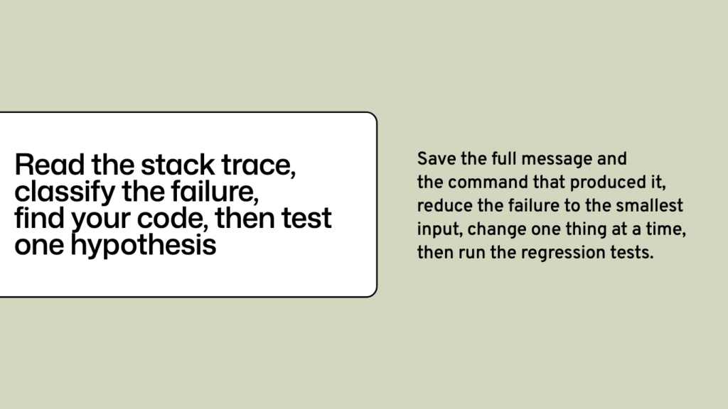 Read the stack trace, classify the failure, find your code, then test one hypothesis. Reading programming error messages and stack traces.